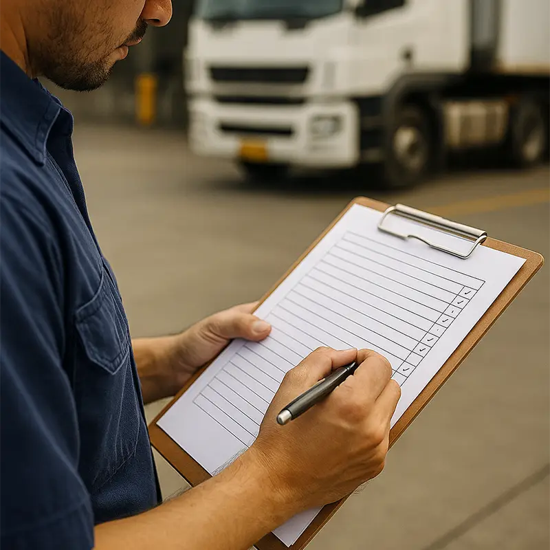Trabajador logístico con casco y camisa de trabajo marcando una checklist en un portapapeles mientras revisa documentación en un muelle de carga con un camión de fondo.
