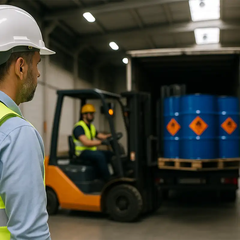Supervisor con casco y chaleco reflectante observando a un operario que maneja una carretilla elevadora para cargar bidones metálicos con etiquetas de peligro ADR en la parte trasera de un camión dentro de un almacén limpio y bien iluminado.