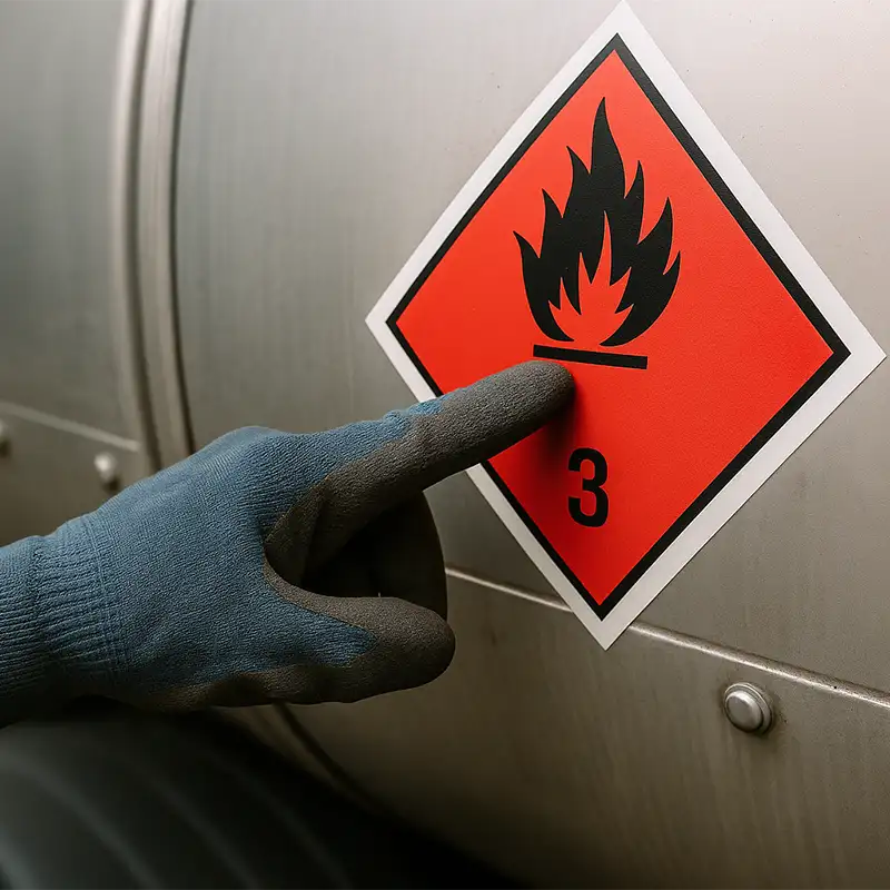 Fotografía macro de una mano con guante de trabajo señalando una etiqueta de peligro ADR (el rombo de líquido inflamable) pegada en la cisterna metálica de un camión.