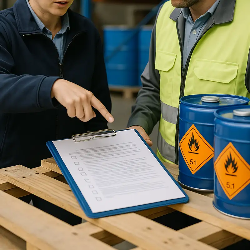 Dos personas con ropa de trabajo profesional están de pie junto a un palé que contiene varios bidones químicos. Una persona le señala a la otra una de las etiquetas de peligro ADR en un bidón, mientras se lo explica.