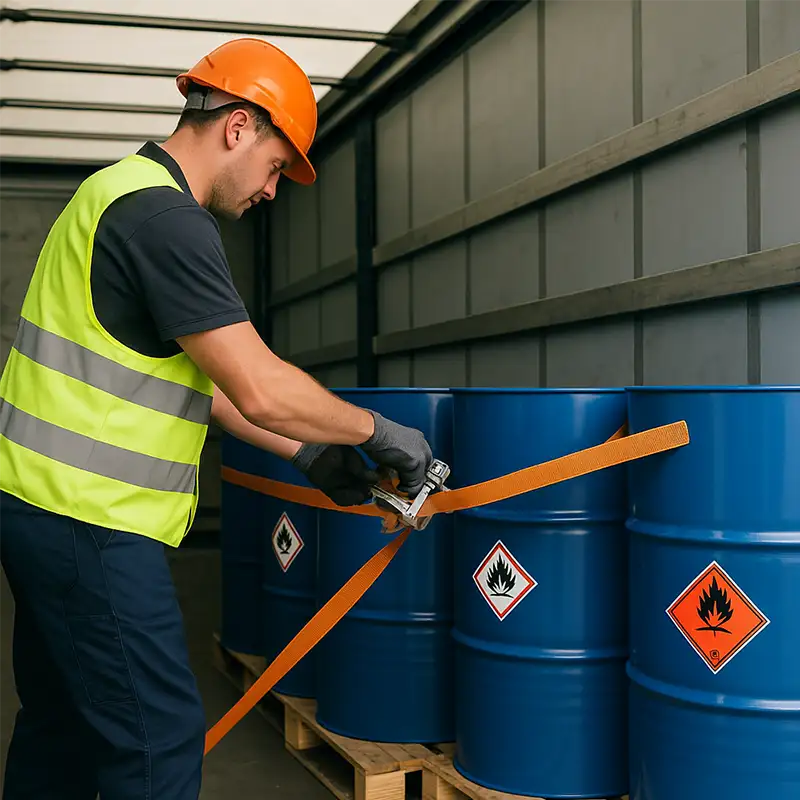 Interior de un camión de carga. Un operario está tensando una correa de sujeción naranja (ratchet strap) para inmovilizar firmemente una fila de bidones de productos químicos contra la pared del camión.