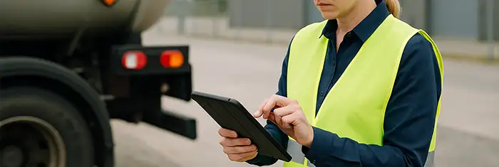 Primer plano de las persona revisando un documento técnico sobre un escritorio de oficina
