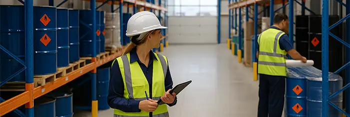 Un consejero de seguridad camina por un almacén con estanterías altas y bidones etiquetados con pictogramas ADR.